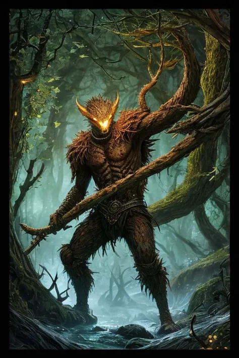 a painting of a horned creature with a long stick in a forest