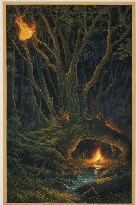 a painting of a man standing in a forest with a fire