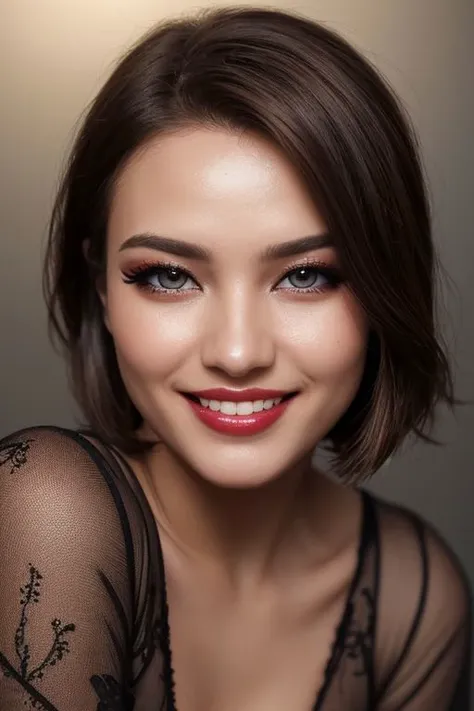 a close up of a woman with a black dress and red lipstick