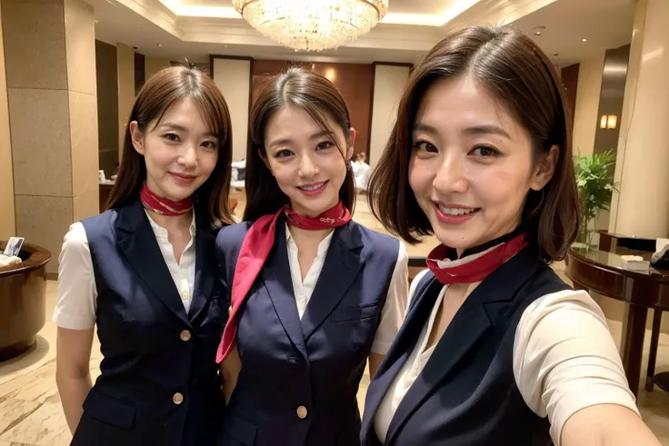 three asian women in uniforms posing for a picture in a hotel