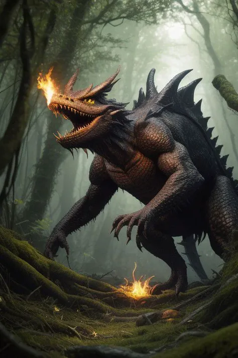 a dragon with a fire on its head in the woods