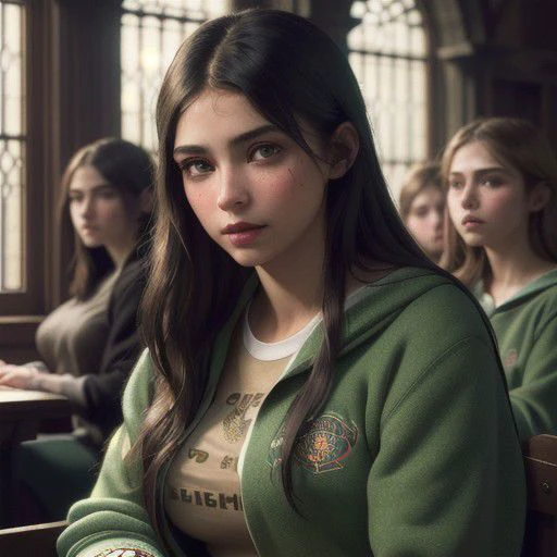 a close up of a woman sitting in a classroom with other people