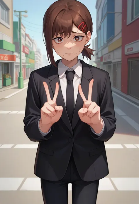 anime girl in a suit making a peace sign with her hands