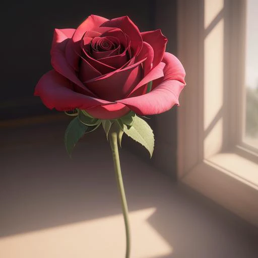 there is a rose that is sitting in a vase by a window