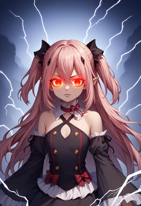 a girl with long hair and red eyes is standing in front of lightning