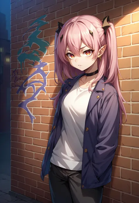 anime girl with pink hair and cat ears standing in front of a brick wall