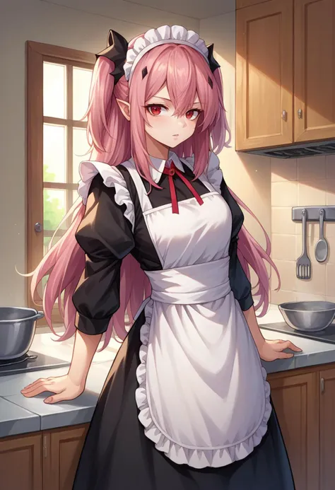 anime girl in a maid outfit standing in a kitchen