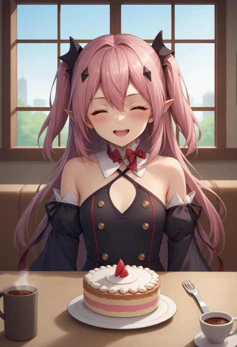 anime girl with pink hair sitting at a table with a cake