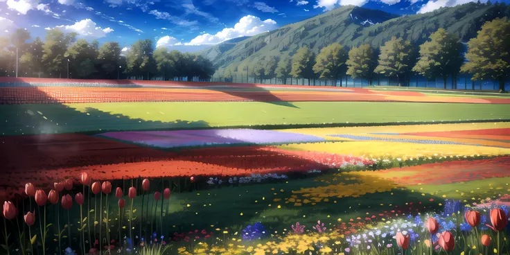 there is a painting of a field with flowers and trees