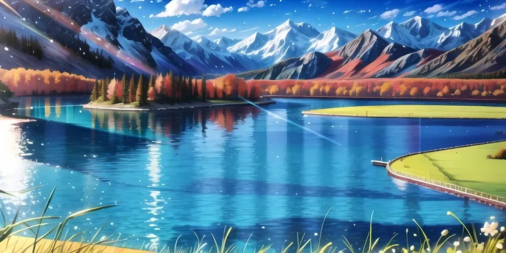 painting of a lake with mountains and a boat in the water