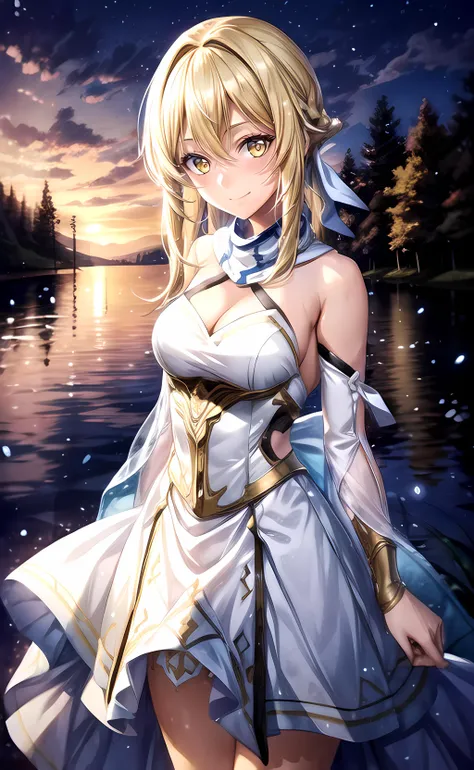 1girl, cowboy shot, standing, Lumine, blonde hair, yellow eyes, white dress, detached sleeves, bare shoulders, closed mouth, smile, nature, lake, water, night, night sky <lora:Lumine wangy v3:0.6>