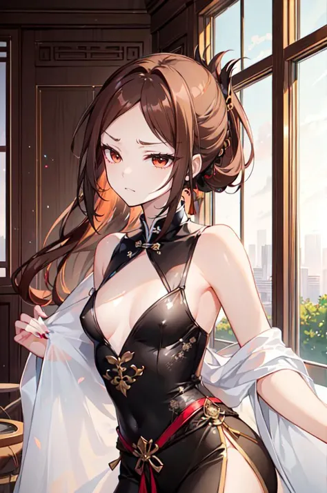 <lora:EDGHanfusion:0.8> edghanfu, wearing edghanfu,, ultra detailed, masterpiece, best quality, aesthetic, detailed,, solo, frown,
1girl, red eyes, <lora:Tsurime3:1>, (tsurime:1.2), (brown hair:1.3), medium hair, (asymmetrical bangs, swept bangs, cowlick:1...