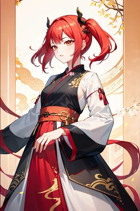 <lora:EDGHanfusion:0.8> edghanfu, wearing edghanfu, cowboy shot,  hanfu,, ultra detailed, masterpiece, best quality, aesthetic, detailed,, solo, 1girl, red hair, orange eyes, amber eyes, swept bangs, parted bangs, <lora:LowTwintailsHelper:1> low twintails,...