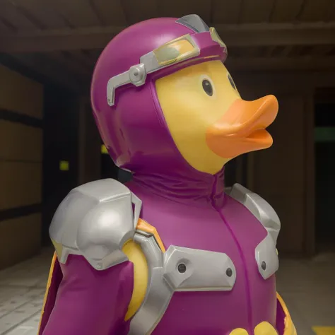 (in a location: historical reenactment:1.5), a <lora:rubberduck_v10:1> rubberduck, Magneto red suit with purple details, metallic helmet visor protecting head, purple cape, (Masterpiece:1.3) (best quality:1.2) (high quality:1.1)