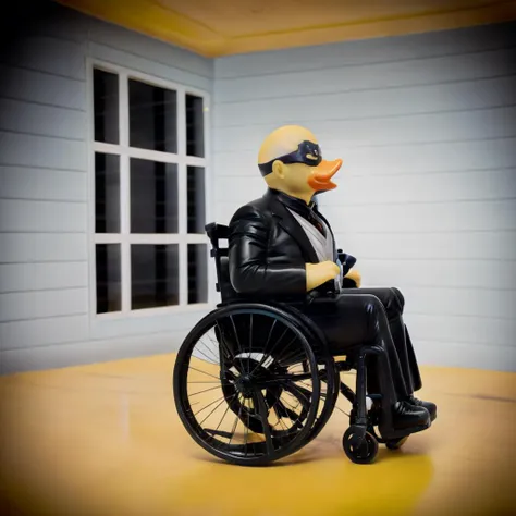 a <lora:rubberduck_v10:1> rubberduck, Marvels Professor X, Charles Xavier, bald man in a wheelchair <lora:wheelchair:1>, psychic powers, magical, plastic toy, in location: teleportation chamber, (Masterpiece:1.3) (best quality:1.2) (high quality:1.1)