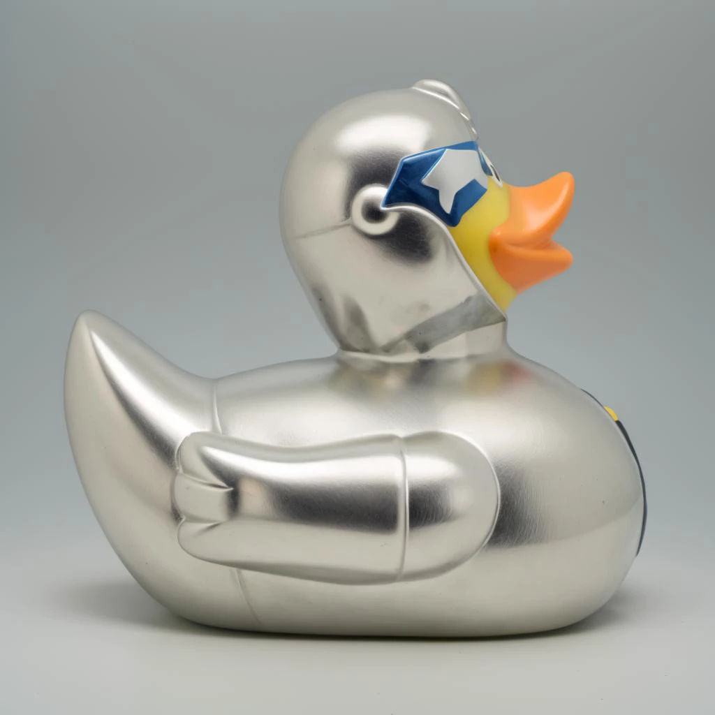 a <lora:rubberduck_v10:1> rubberduck, Marvels Silver Surfer, shiny metallic man with a silver surfboard. Very reflective, plastic toy, in location: skyscraper, (Masterpiece:1.3) (best quality:1.2) (high quality:1.1)