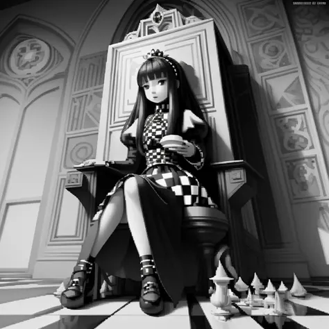 the girl from alice and wonderland, sitting on the throne, inside a castle, black and white checkerboard pattern on everything, <lora:finfan:0.5>, finfan, deep focus, pixel perfect, wide angle, <lora:MonoCream:0.75> monocream