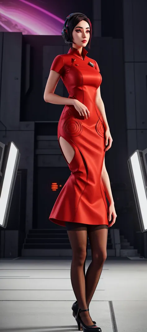 <lora:VRAMsDemi:0.5> vramsdemi, 1girl, neon dynasty, cyberpunk, mechanical, red dress, high collar, half shot, dystopian futuristic, timeless, impossible space, circular patterns, pantyhose, short sleeve, posing, three quarter view