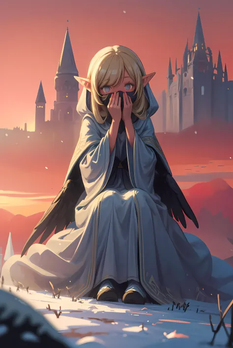 close up shot of a elven woman in a glowing magical robe covered runes, covering her face with her hands, She is sitting in a field lightly dusted with snow, a huge dark castle is visible in the background, blond hair, light blue skin tone, perfectly drawi...