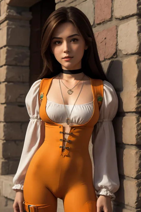 high level of detail, best quality, masterpiece,
<lora:garnettilalexandros_smf_lora_e02:0.9>, 1girl, garnet-smf, solo, jewelry, breasts, orange bodysuit, bodysuit, choker, long hair, necklace, brown eyes, brown hair, looking at viewer, puffy sleeves