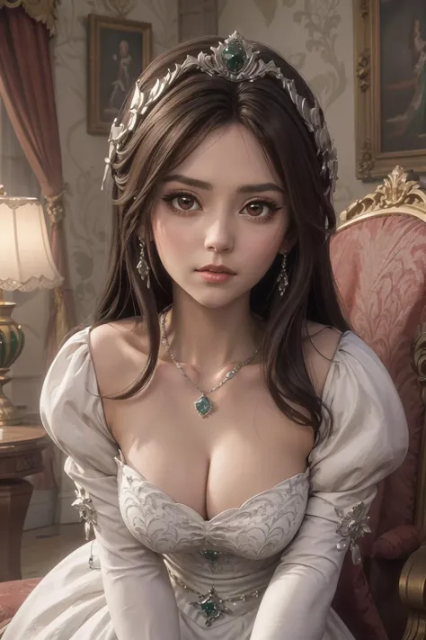 best quality, (masterpiece:1.2), high detail, absurd res, cartoon, <lora:garnettilalexandros_smf_lora_e02:1>, garnet-smf, White Princess Dress, long white gloves, necklace, brown eyes, long hair, medium sized breasts, cleavage, digital art, looking at came...