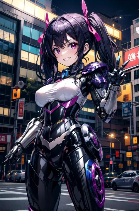 (masterpiece, best quality, detailed), 1girl, solo, looking at viewer, kurumi_ebisuzawa, twin tails, hair ribbon,
<lora:mecha_offset:1>, mecha musume,mechanical parts, robot joints,single mechanical arm, headgear, mecha corset, full armor, outdoors, cyberp...