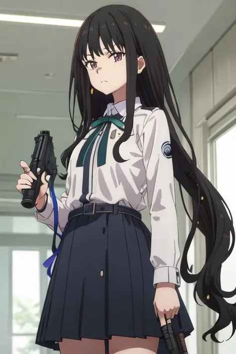 best quality, masterpiece, highres, solo, {inoue_takina_lycorisrecoil:1.15}, black_hair, long_hair, bangs, purple_eyes, closed_mouth, ribbon, green_ribbon, neck_ribbon, 1girl, blue_dress, dress, gun, holding, holding_gun, holding_weapon, lycoris_uniform, s...