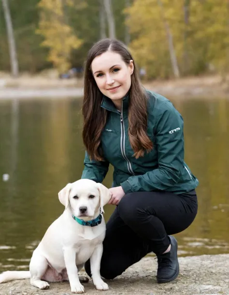 portrait of sanna_marin girl wearing tight clothes, kneeling, petting her dog at a lake <lora:sanna_marin_sdxl_prodigy_10:0.95>