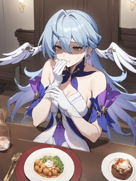 (a girl ate too much)masterpiece,best quality,hand on own face, shaded face,stomach bulge,eating, food, dining room,sweatdrop, sitting,  <lora:robin_sunday:1> jewelry, earrings, robin_(honkai:_star_rail), wings, white_gloves, head_wings, bare_shoulders, dr...