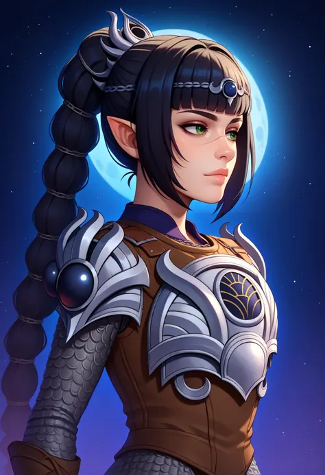 a woman in armor with a moon in the background