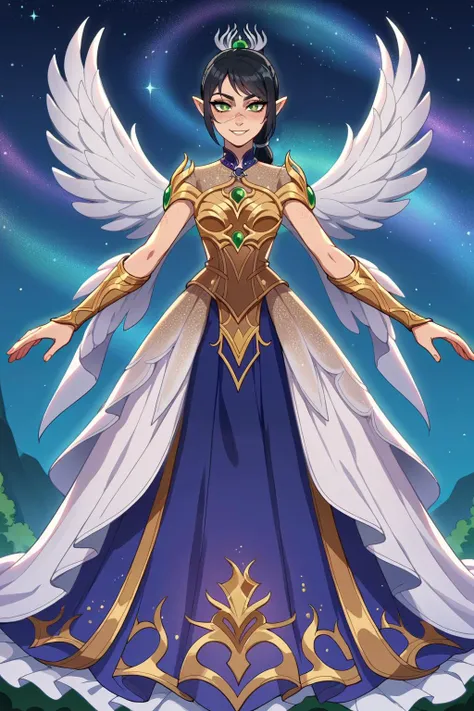 a woman in a blue dress with white wings and a gold crown