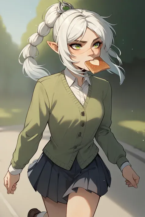 anime girl with white hair and green sweater walking down a street