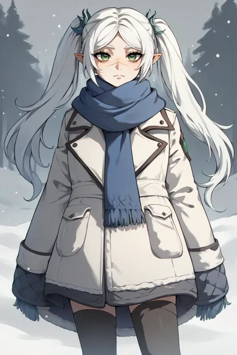 a woman with white hair and a scarf standing in the snow