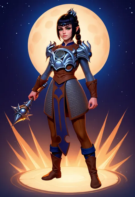 a woman in armor holding a sword in front of a full moon