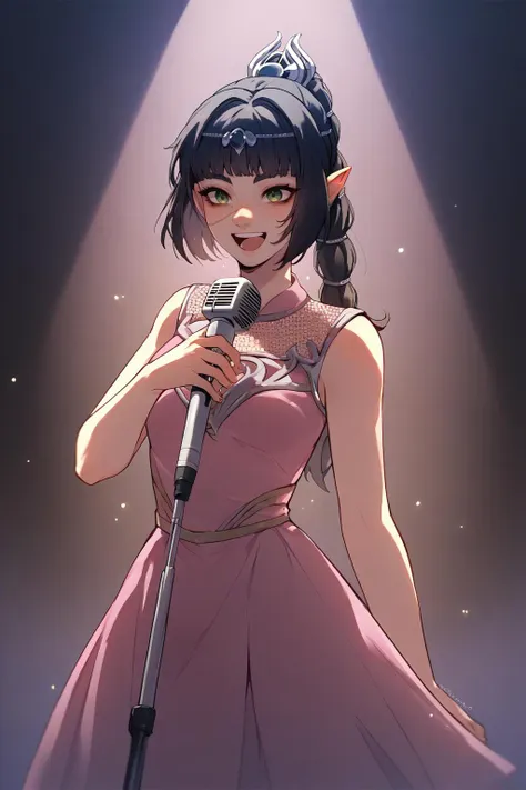 a cartoon girl in a pink dress holding a microphone