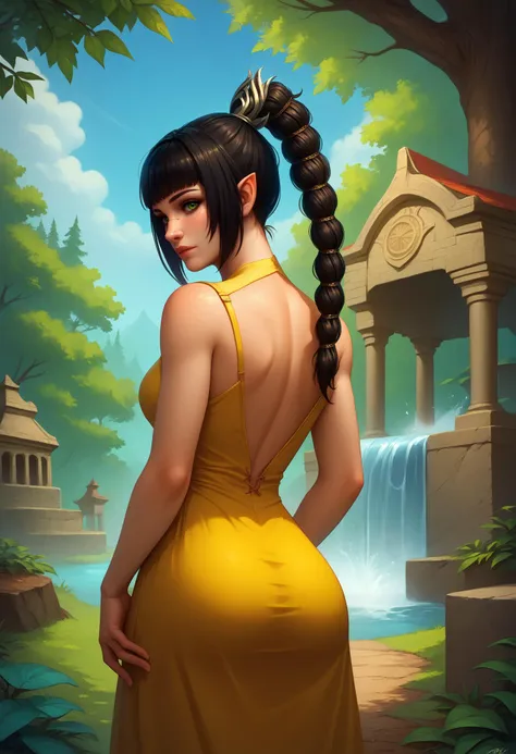 a woman in a yellow dress standing in front of a waterfall