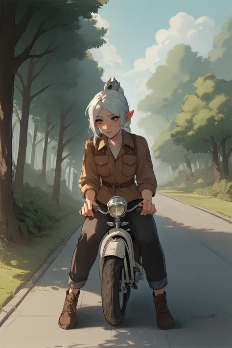 anime girl riding a motorcycle down a road in the woods