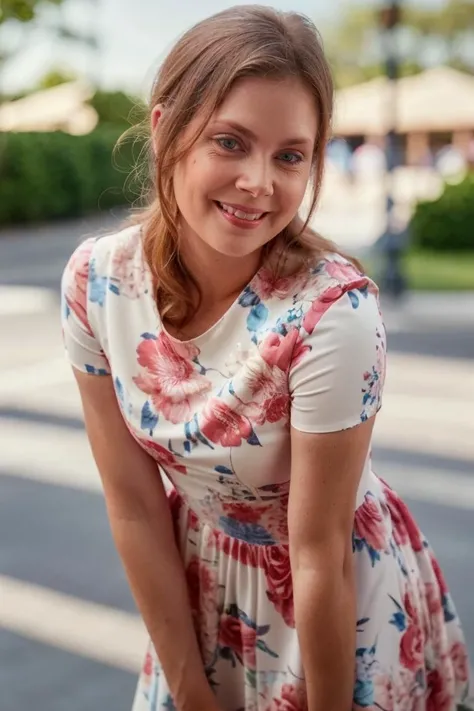 1girl, solo, short-sleeve floral sundress, lean forward, smile, parking lot, (looking at viewer:1.2), focus on face, blurry_background, bokeh, chromatic_aberration, depth_of_field, female focus, photorealistic, soft colors, masterpiece, high quality, (high...