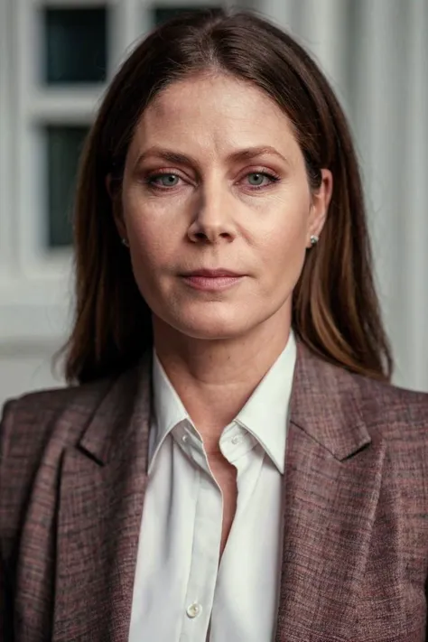 a woman in a suit and tie standing in front of a window