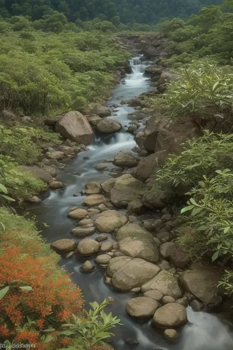 a view of a stream running through a lush green forest