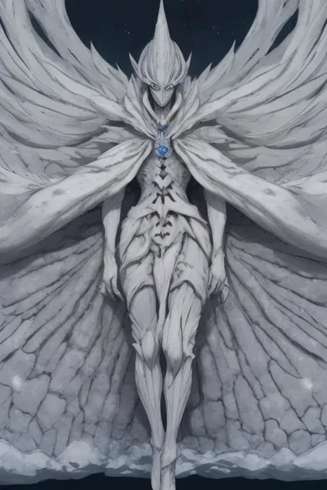 a drawing of a white angel with wings and a blue eye