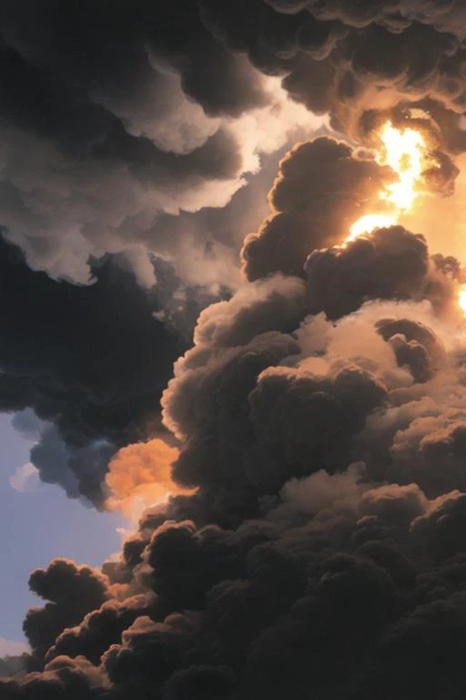 a close up of a cloud filled sky with a plane flying in the distance