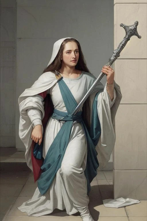 a painting of a woman in a white robe holding a sword