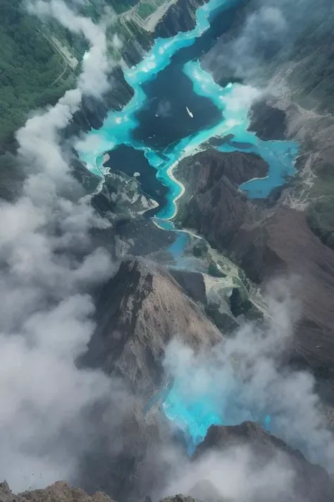 arafed view of a lake surrounded by mountains and clouds