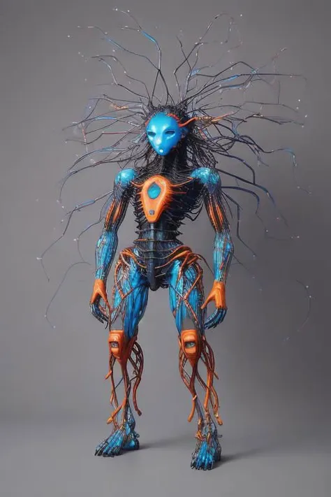 a blue and orange alien with a heart on its chest