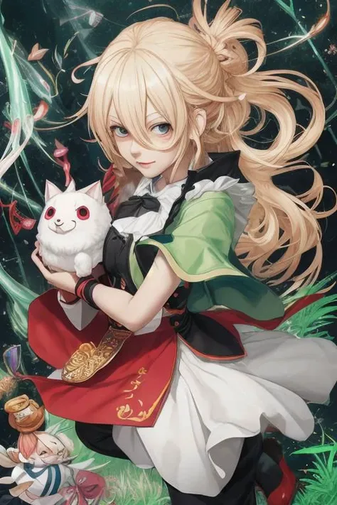 a woman with long blonde hair holding a white cat in her hands