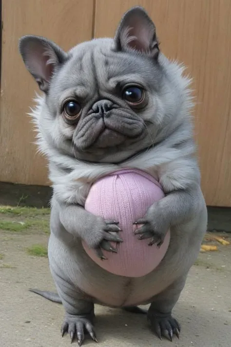 a close up of a small dog holding a ball of yarn