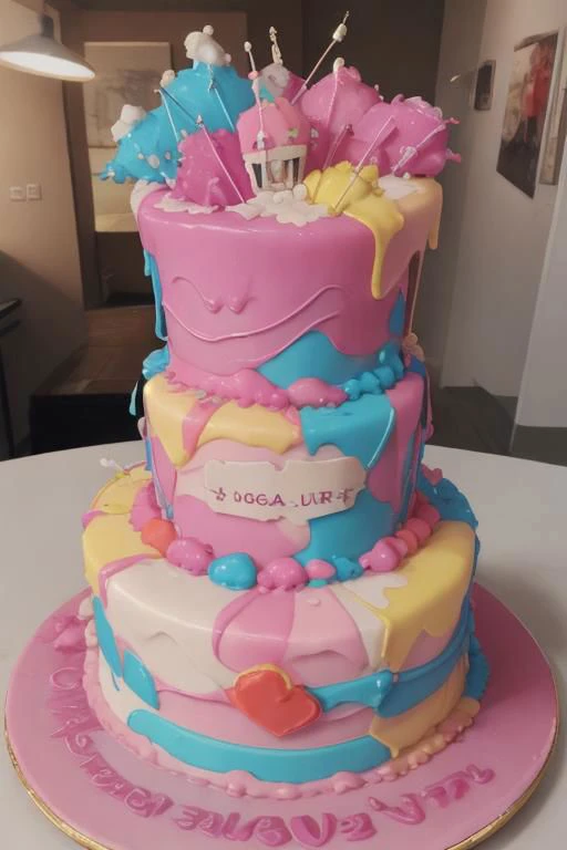 there is a three layer cake with a pink and blue design