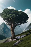 there is a tree that is standing on a hill with a mountain in the background