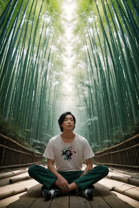 a man sitting on a wooden platform in front of a bamboo forest